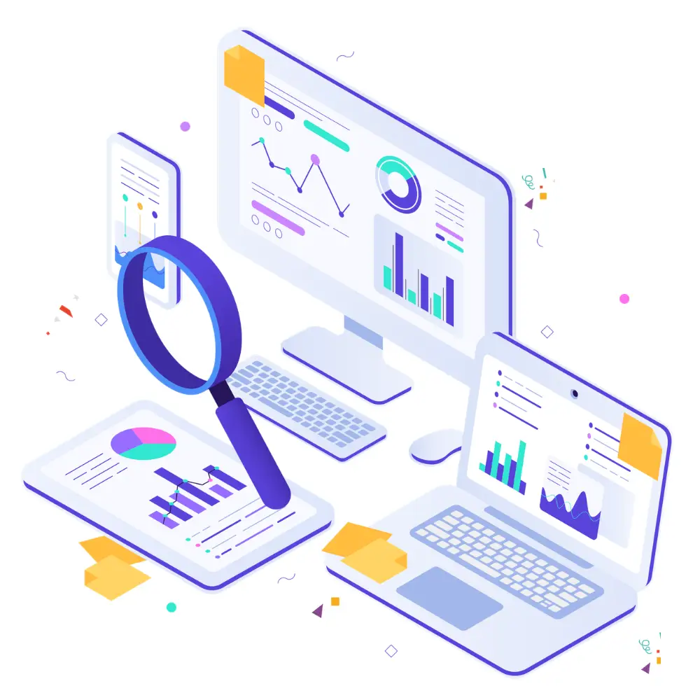 Cartoon like infographic with different screen sizes
